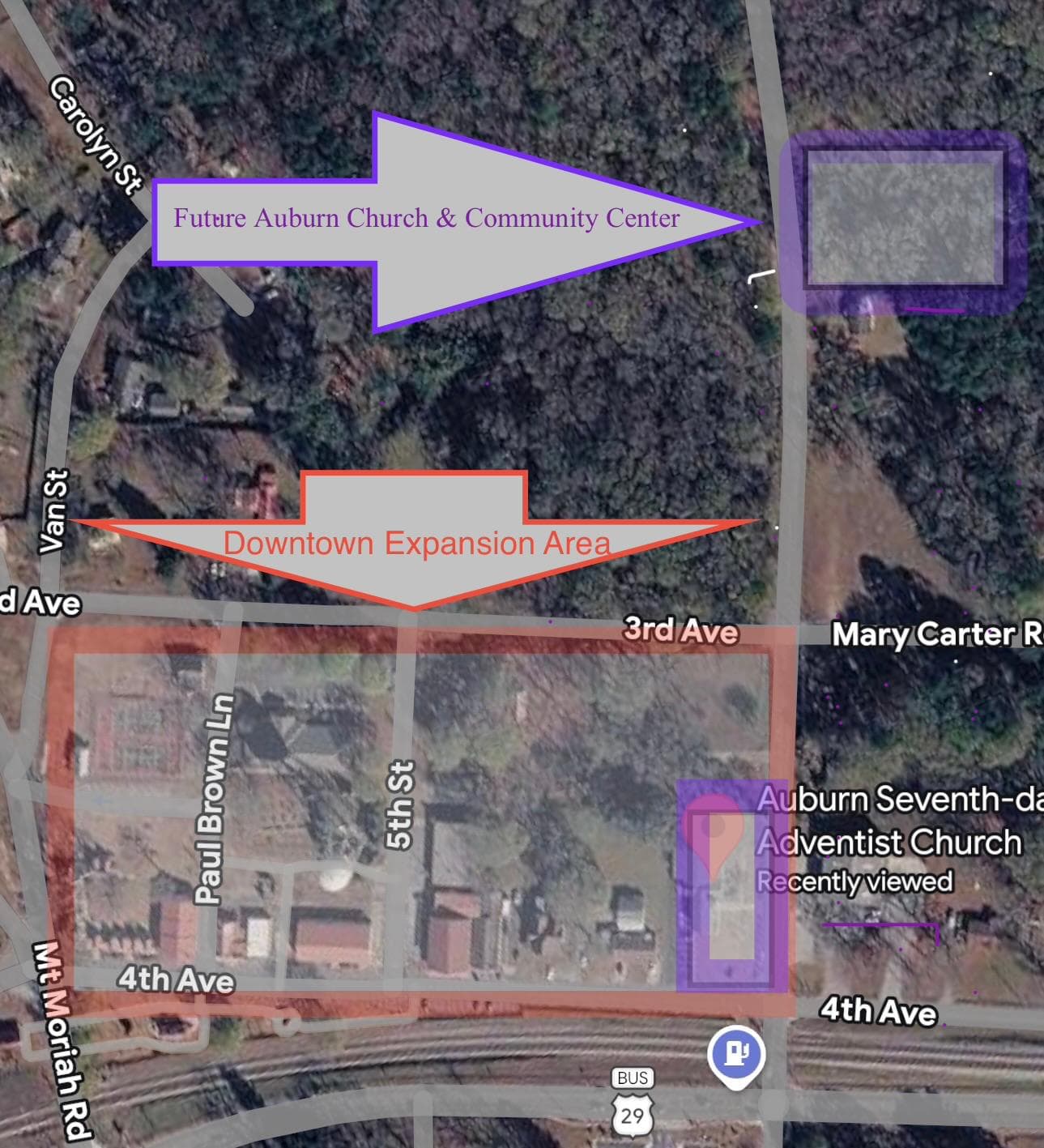 Map showing the future church location relative to the downtown expansion area